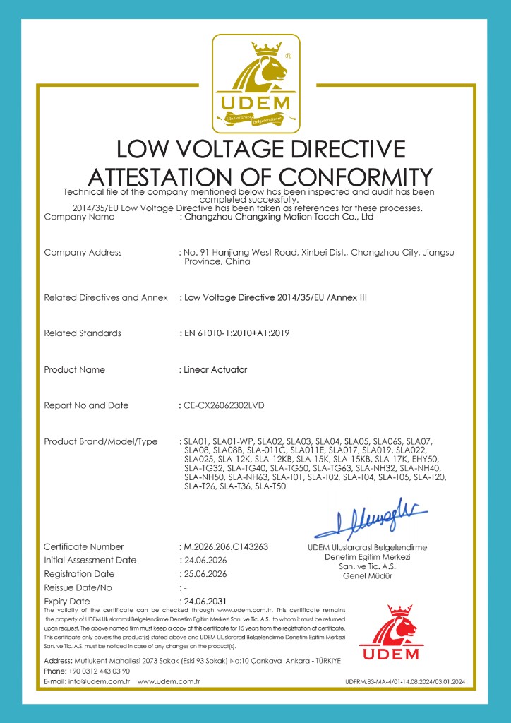 CE Low Voltage Directive Certificate M.2026.206.C143263 for Elerover linear actuators