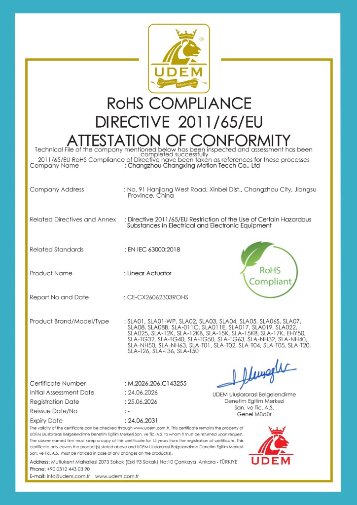 RoHS Compliance Certificate M.2026.206.C143255 for Elerover linear actuators
