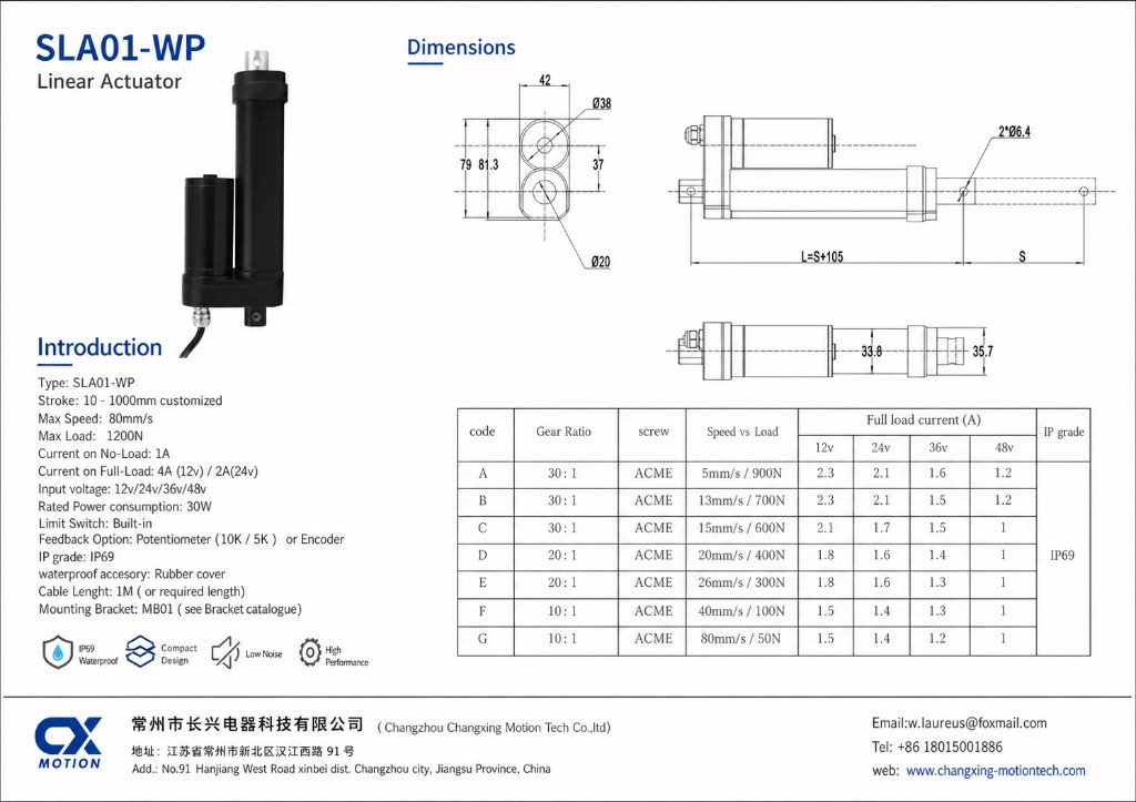 SLA01-WP waterproof linear actuator catalogue specification sheet