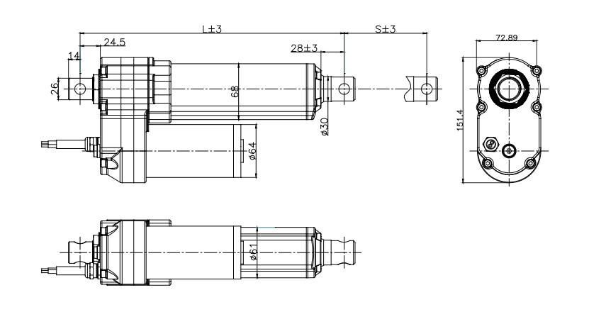 SLA08B linear actuator dimensions drawing — overall size L and stroke S