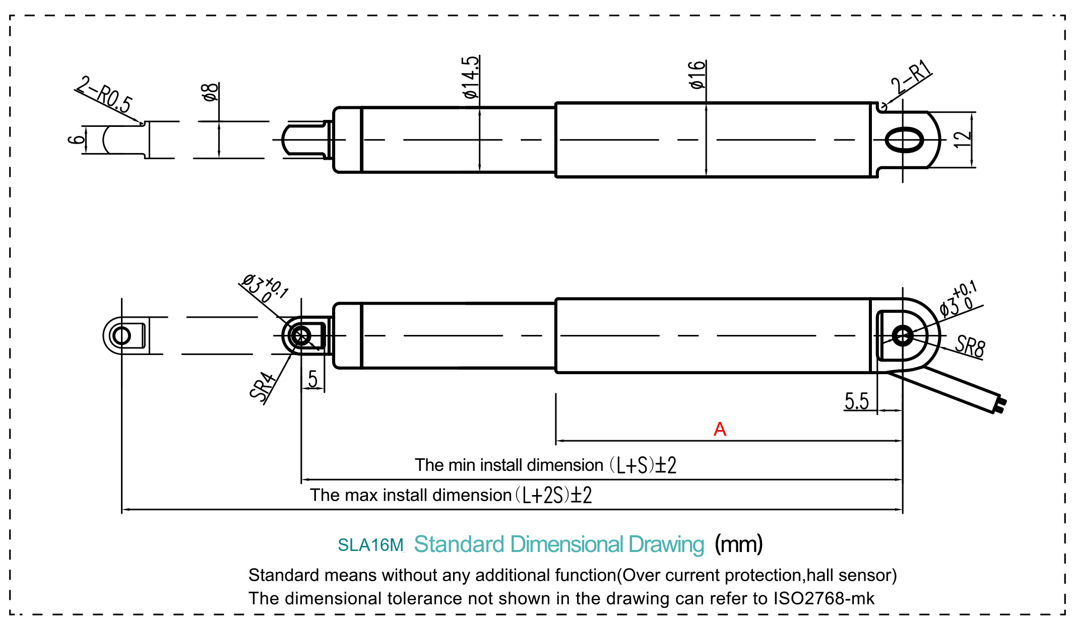 SLA16M waterproof IP68 tubular linear actuator dimensions drawing