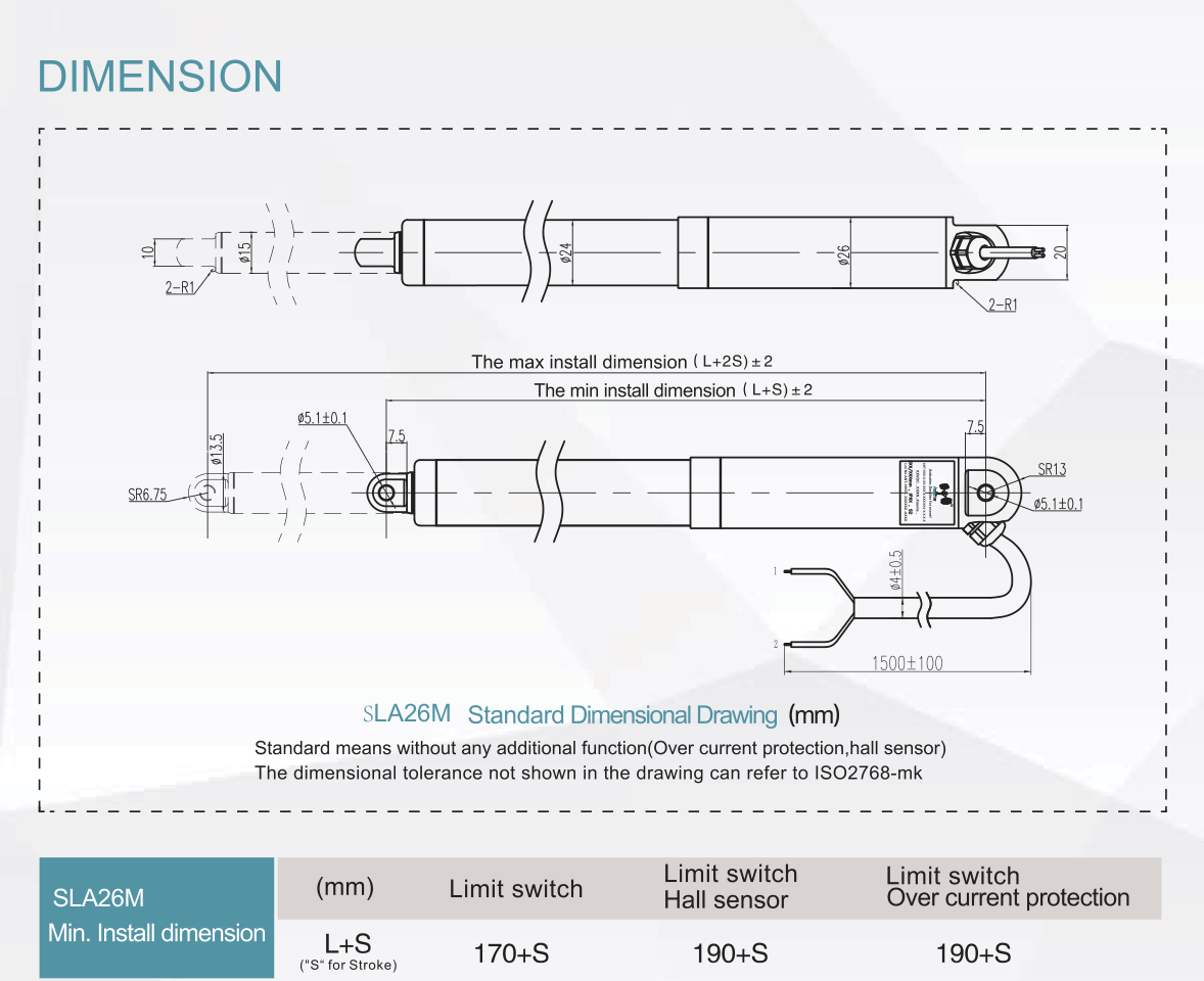 SLA26M waterproof IP68 tubular linear actuator dimensions drawing