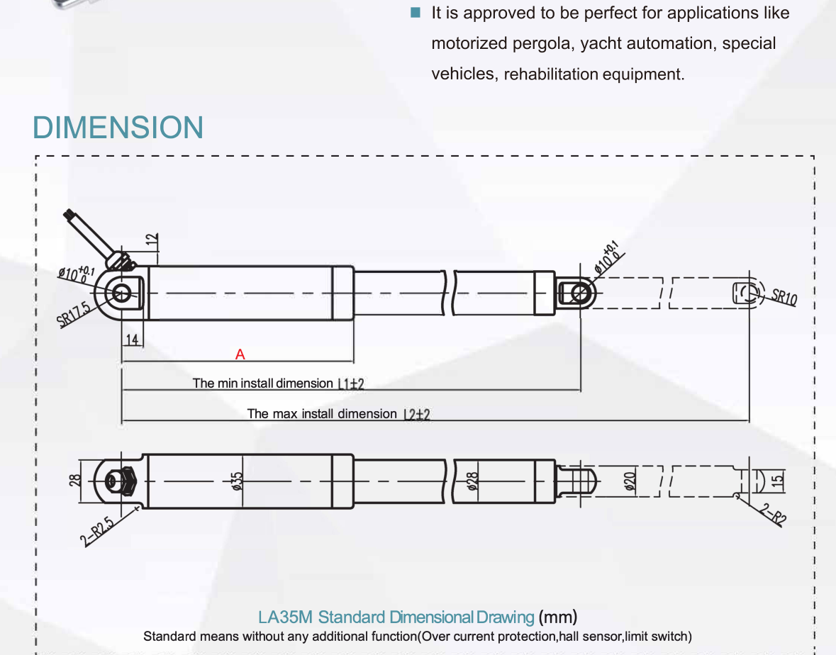 SLA35M waterproof IP68 tubular linear actuator dimensions drawing