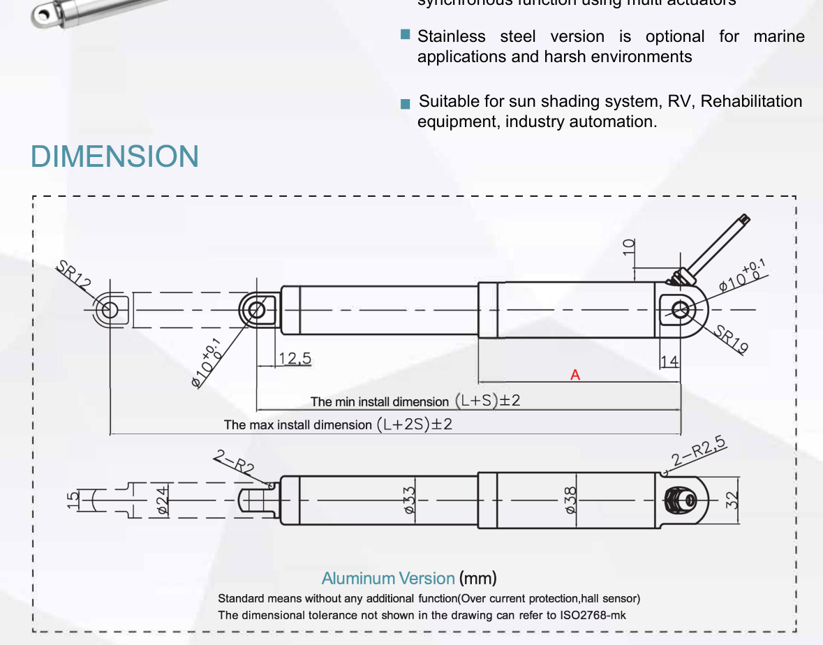 SLA38M waterproof IP68 tubular linear actuator dimensions drawing