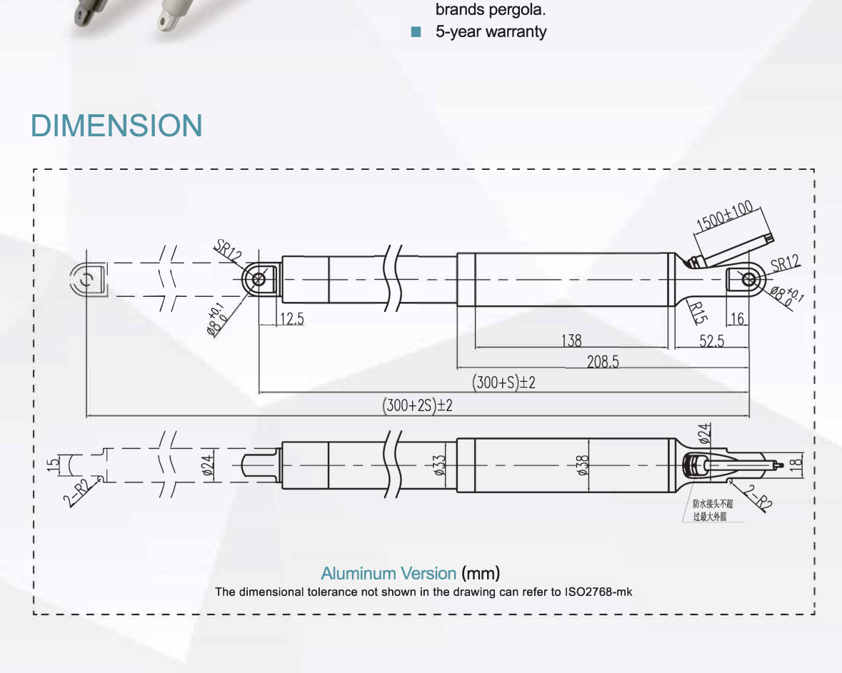 SLA38MP waterproof IP68 tubular linear actuator dimensions drawing