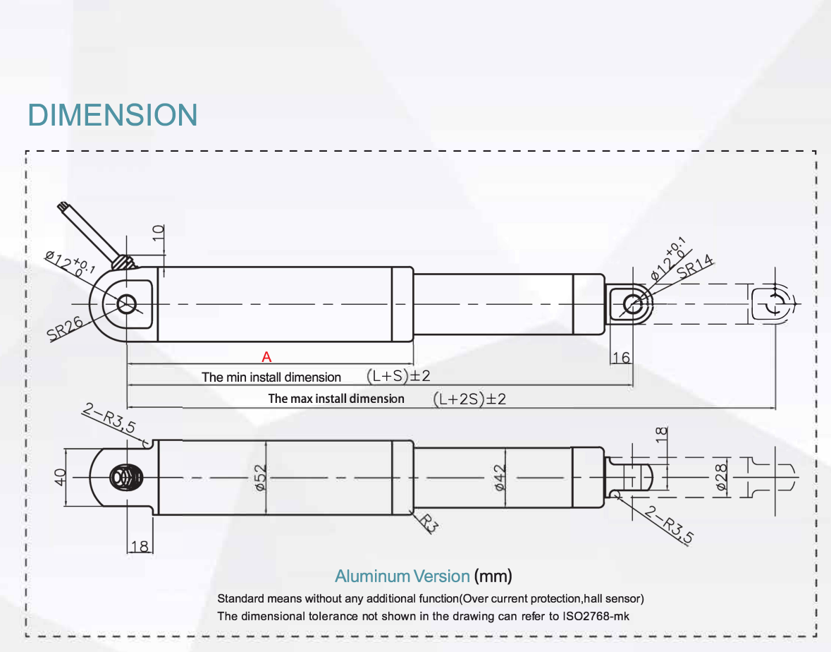 SLA52M waterproof IP68 tubular linear actuator dimensions drawing