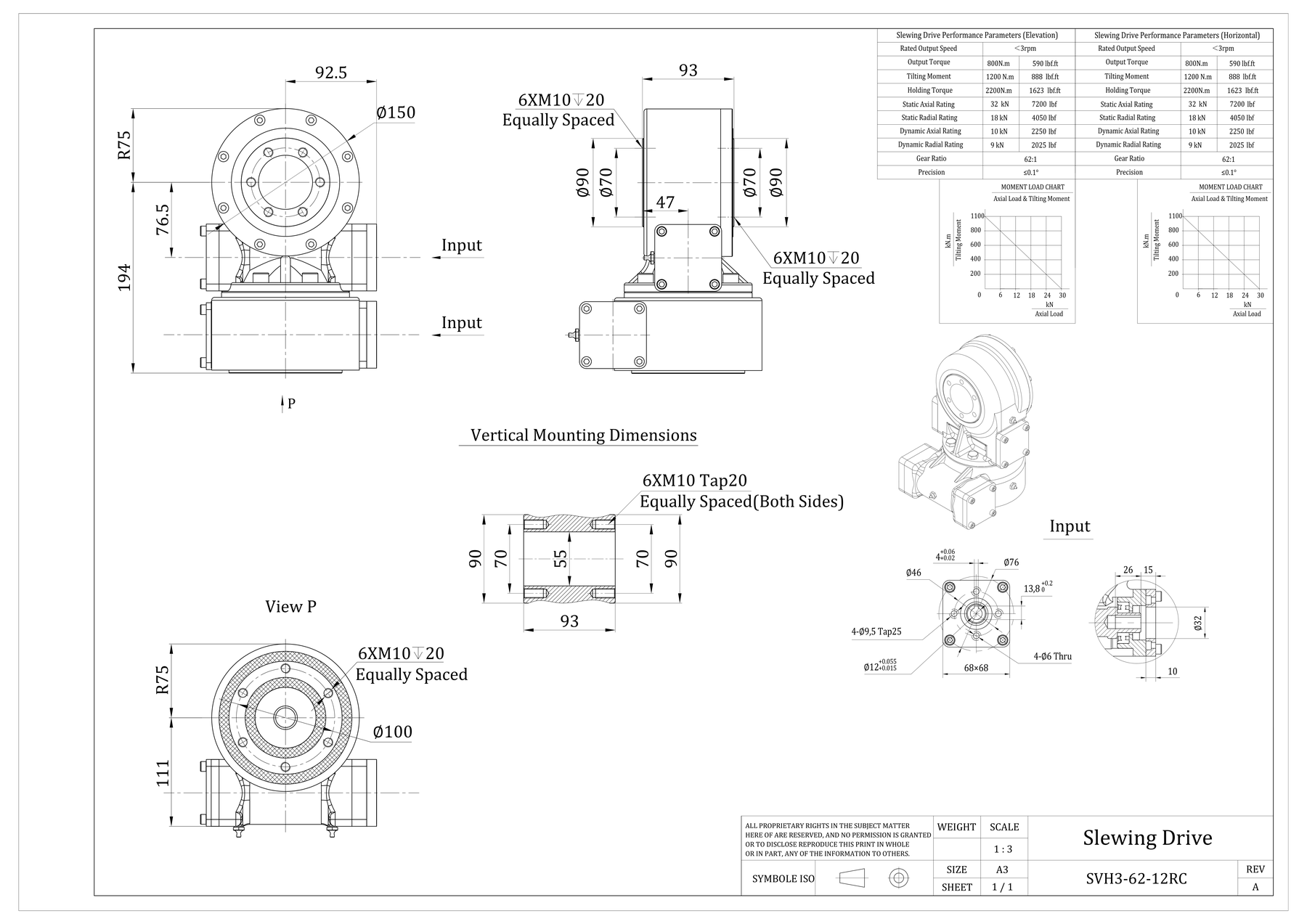 SVH3 3-inch dual axis slewing drive dimensions drawing SVH3-62B-12RC