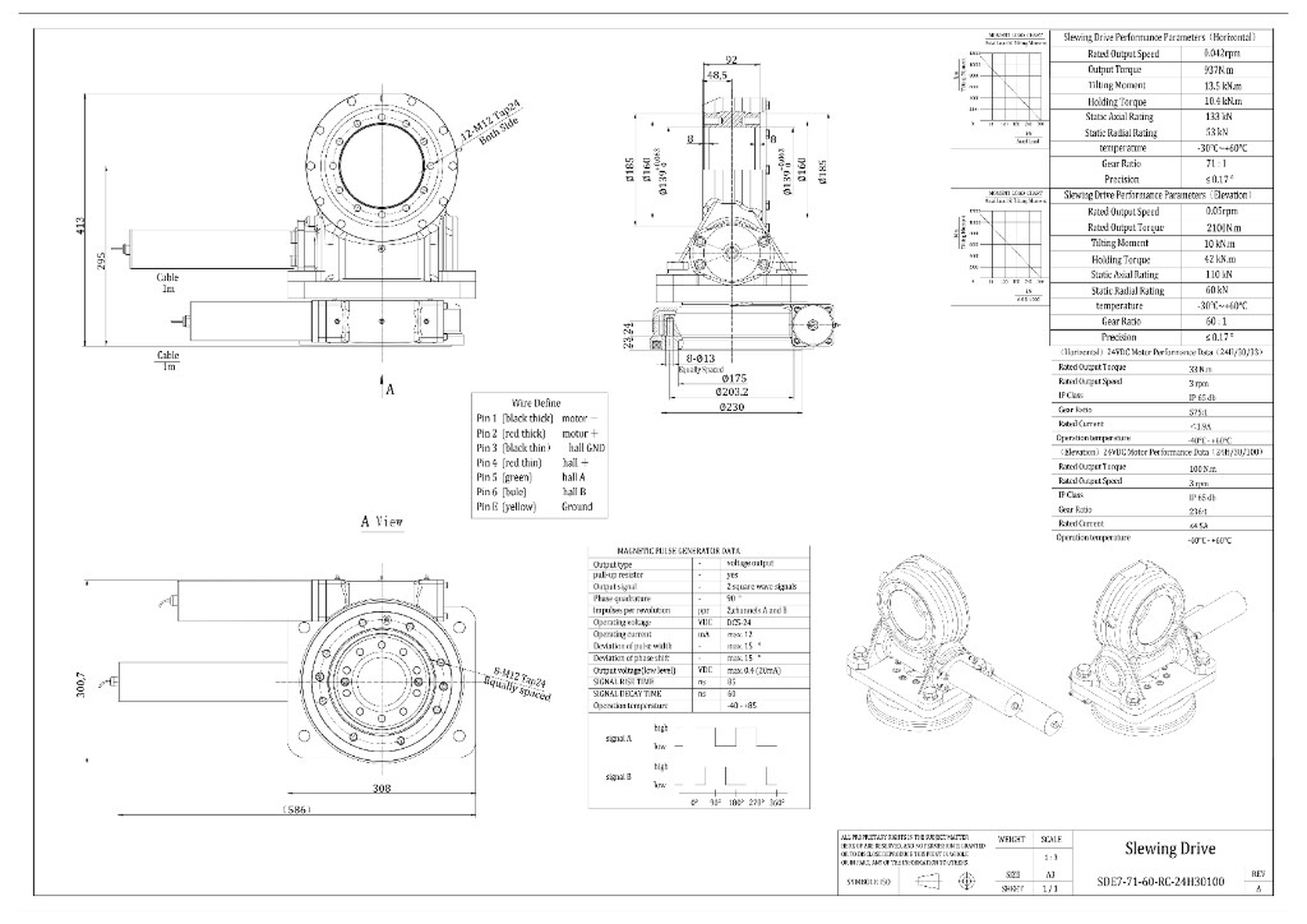SVH7 7-inch dual axis slewing drive dimensions drawing SVH7-71-60-RC-24H30100