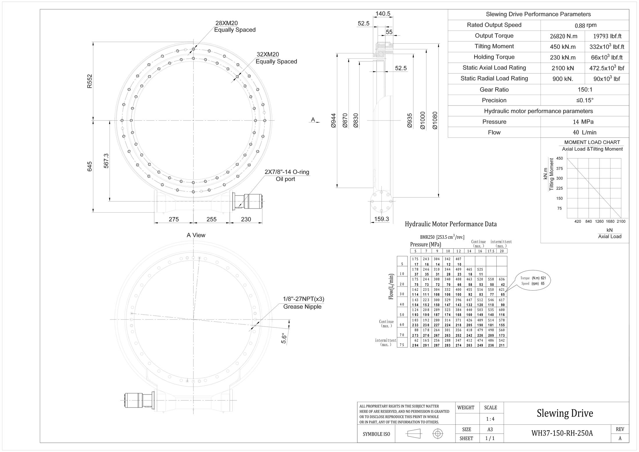 WH37 37-inch industrial slewing drive dimensions drawing WH37-150-RH-250A